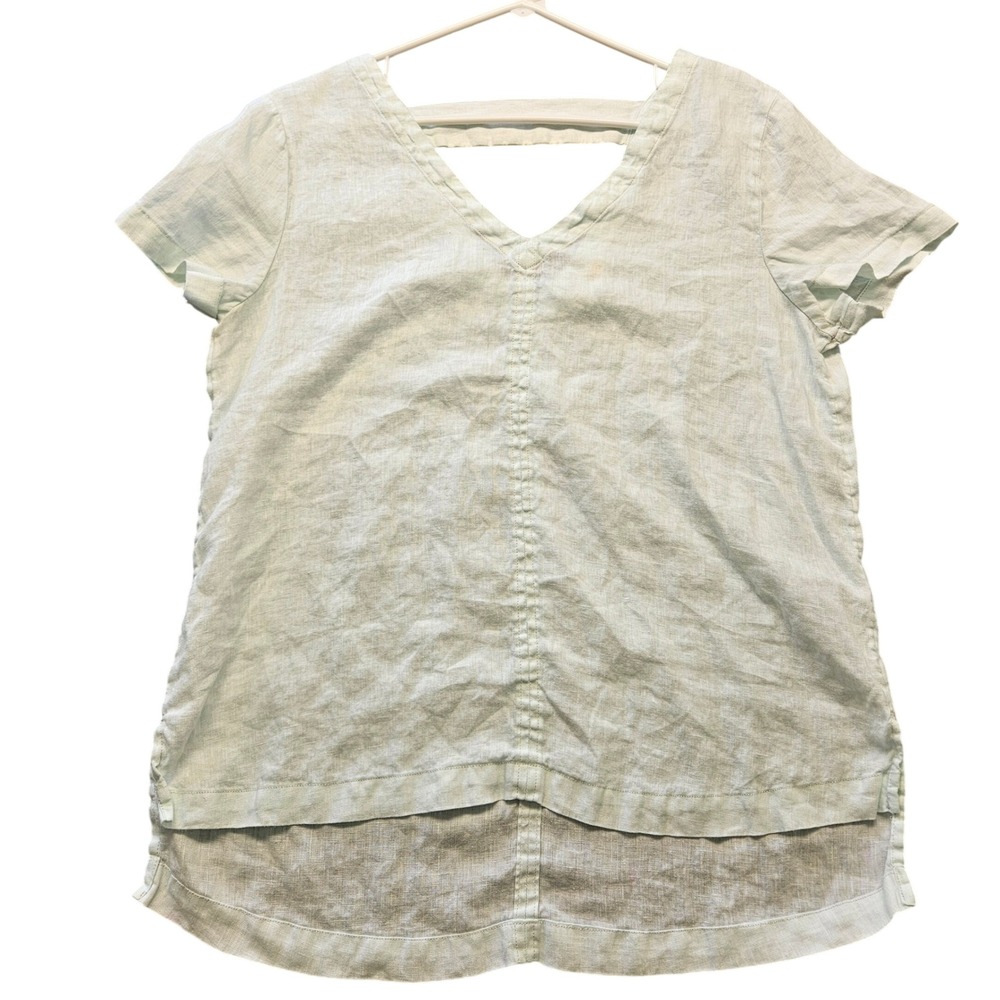 C&C California Mint Green Light Blue 100% Linen V-Neck Short Sleeve Top Medium